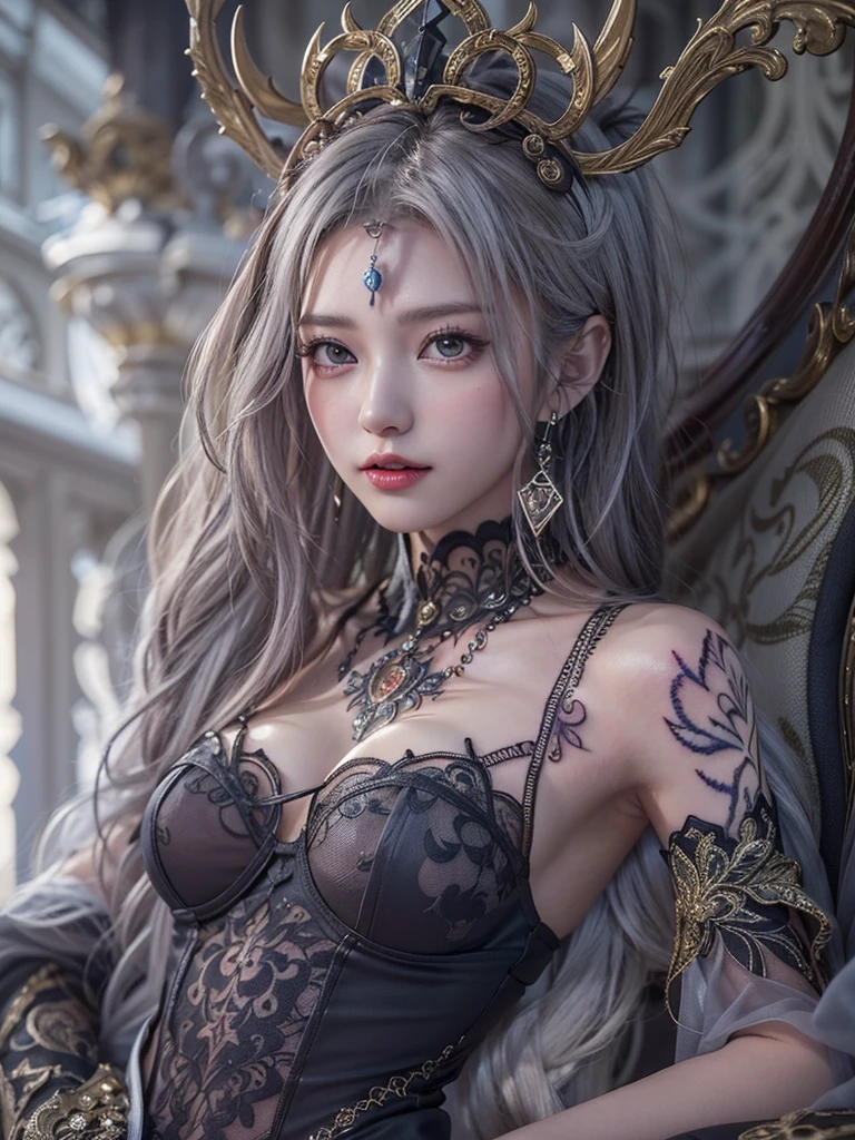 sliver long hair,Purple eye,There is a white dragon in the back