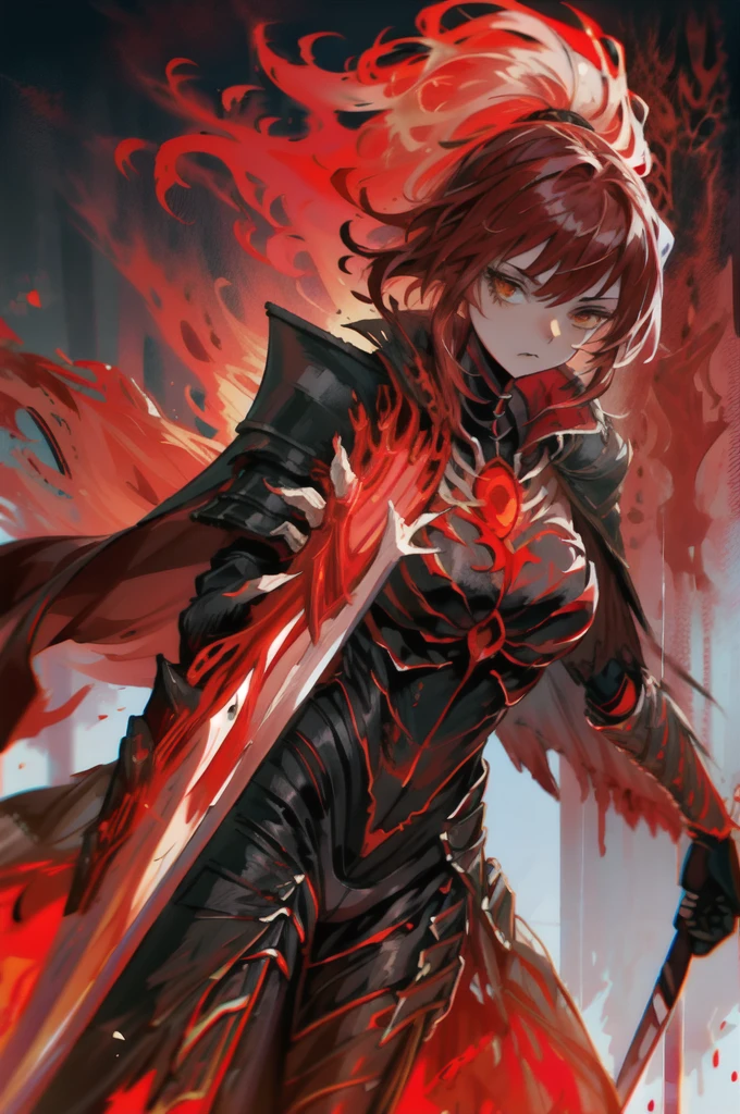   best details, masterpiece,  top quality,   black armor,The red glowing texture  , Red Cape, Alone,   torn clothes,(  holds something imitating a sword:1.1), dynamic，woman，Red Mist,  High Contrast， Blood and Fire 