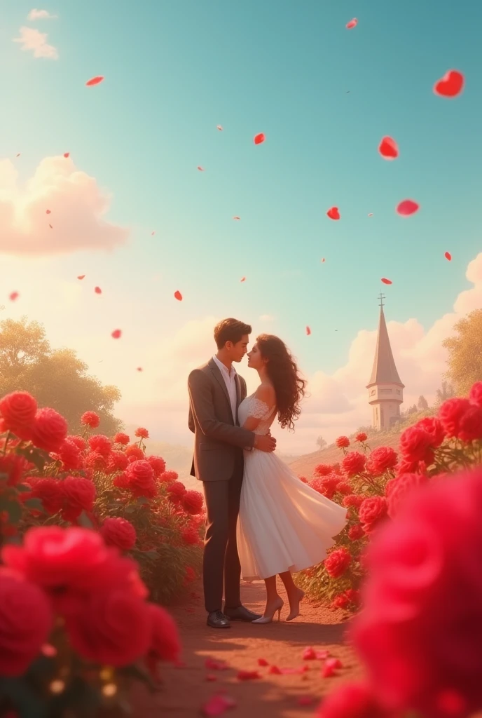 In a romantic atmosphere，couple cuddling，Stroll through the Sea of Roses，Under the blue sky and white clouds，Feel the romantic theme of Valentine's Day。They are looking forward to see the future together.