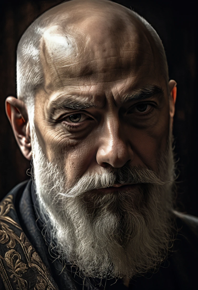 a 50 year old bald man with long white beard, detailed facial features, serious expression, cinematic dramatic lighting, cinematic composition, intricate detailed texture, portrait, oil painting, chiaroscuro, dramatic shadows, moody atmosphere, muted color palette, classical painting style