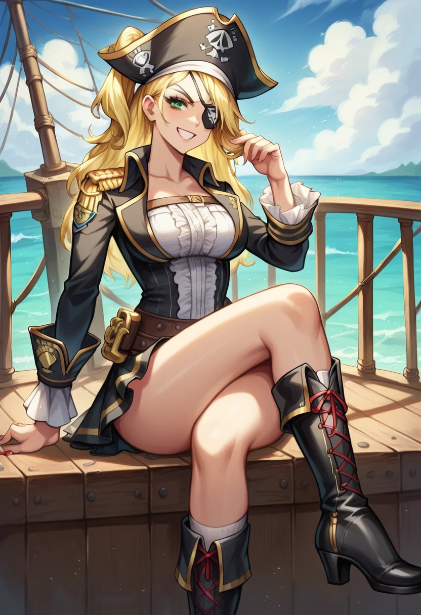 ((1 female pirate monster, bare chest, a shell stuck to her pussy)),((medium breasts)),((very large pubic hair)),((big yellow hair)),((yellow eyes, smile)) ,((facing the viewer)),((on a pirate ship, at sea during the day)),