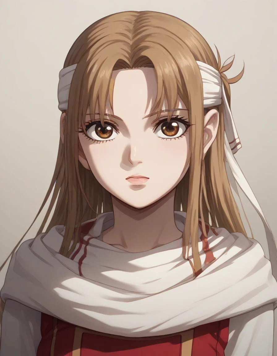 (((((((emotionless))))))) brown eyes very accurate clothing sharp gaze score_9, score_8_up, score_7_up, ((cowl)) headband on forehead detailed clothing beautiful girl kyoukai anime style ((asuna yuuki))