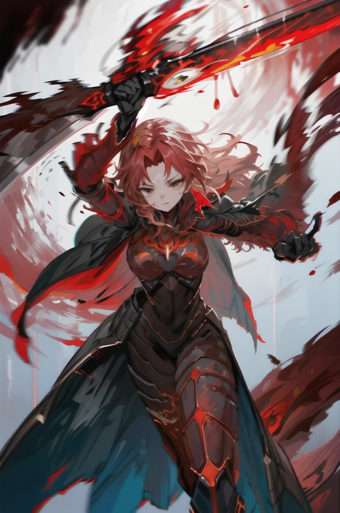   best details, masterpiece,  top quality,   black armor, Dynamic，赤い発Lightするテクスチャ , Red Cape, Alone,   torn clothes,(  holds something imitating a sword:1.1), dynamic，woman，Red Mist,  High Contrast， Blood and Fire ， Dynamic， high image quality，Light，