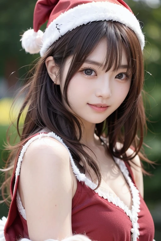 Japanese model in red Santa cosplay is posing for a photo shoot、 Santa Claus cosplay、Santa Dress,  looking at camera、Detailed and beautiful eyes、 cute smile、 soft and gentle expression 