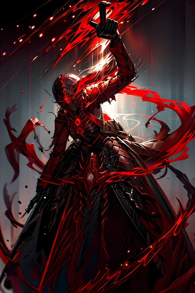  score_9,  score_8_up,  score_7_up,  score_6_up,  score_5_up,  score_4_up, ，  best details, masterpiece,  dynamic， top quality,   black armor,The red glowing texture  ,  clock,  dynamic，Red Cape，Black and white gradient background，shadow，A delicate touch，Hides a weapon ，Grace，Noble，Sublime，Mist of Blood, Alone,   torn clothes,  holds something imitating a sword,   best details, masterpiece,  top quality,    black armor, has a red glowing texture   , Red Cape, Alone, dynamic，    torn clothes,(   that imitates a sword:1.1), dynamic，woman，Red Mist,   High Contrast，  bright ，