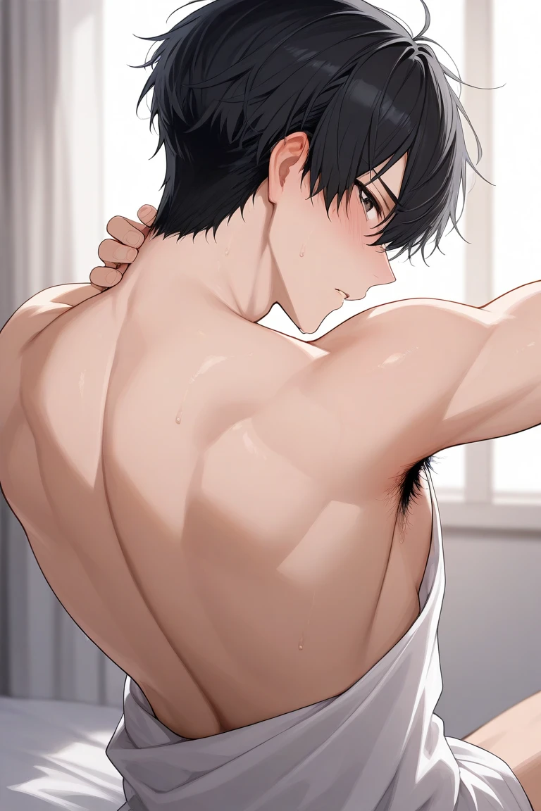 A dainty handsome man with black hair shows his armpit hair and stretches his back