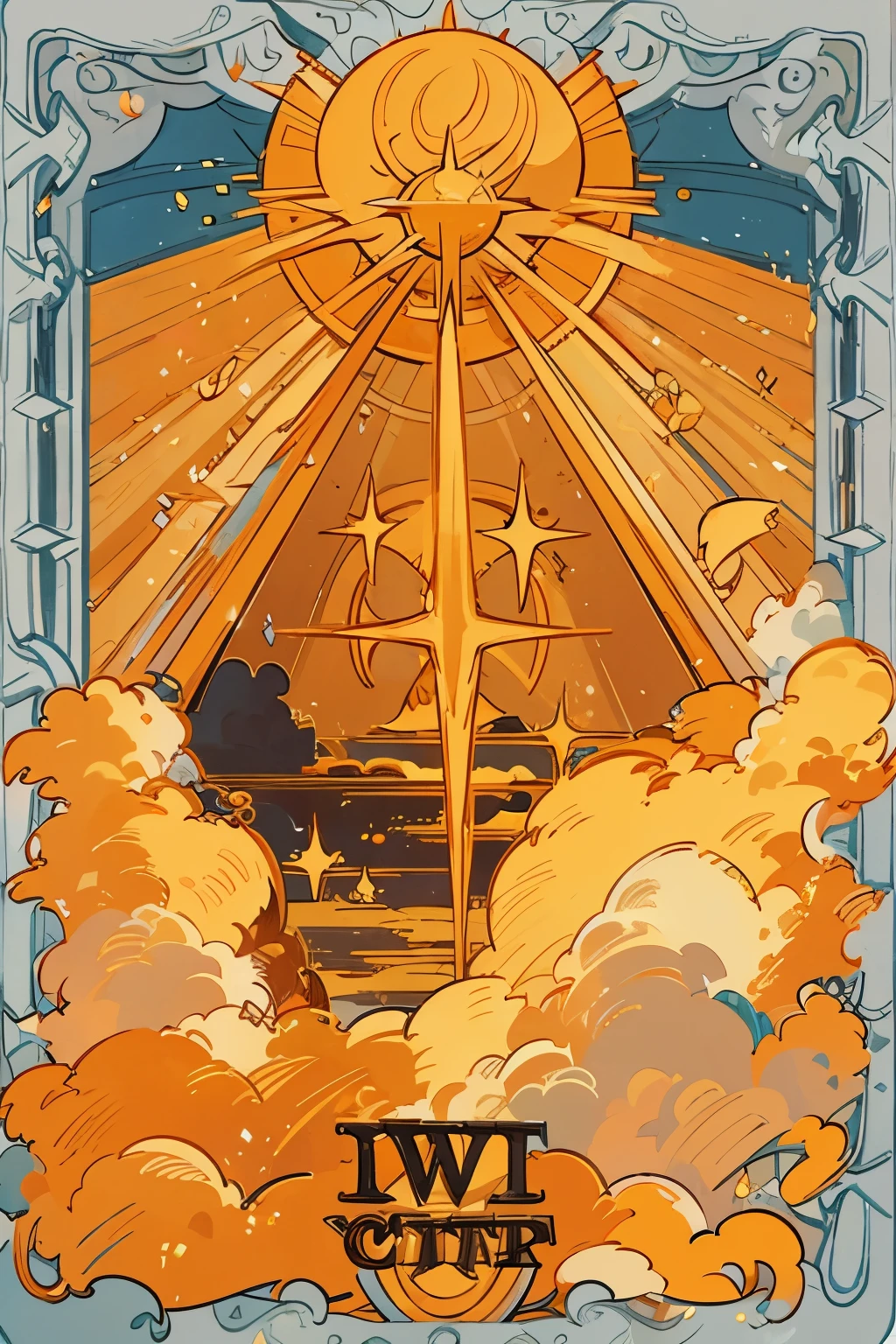 a masterpiece of a tarot card art of the sun, a beautiful orange sun in the middle of a golden sky, best quality, ultra-detailed, hyperrealistic, photorealistic, vibrant colors, dramatic lighting, glowing sun, radiant sun, intricate details, precise rendering, exquisite composition, dramatic atmosphere, cinematic perspective, stunning scenery, breathtaking landscape, golden hour lighting, warm tones