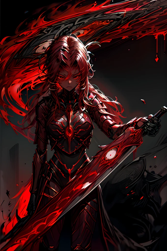  score_9,  score_8_up,  score_7_up,  score_6_up,  score_5_up,  score_4_up, ，  best details, masterpiece,  dynamic， top quality,   black armor,The red glowing texture  ,  clock,  dynamic，Red Cape，Black and white gradient background，shadow，A delicate touch，Grace，Noble，Sublime，Mist of Blood, Alone,   torn clothes,  holds something imitating a sword,   best details, masterpiece,  top quality,    black armor, has a red glowing texture   , Red Cape, Alone, dynamic，    torn clothes,(   that imitates a sword:1.1), dynamic，woman，Red Mist,   High Contrast，  bright ，