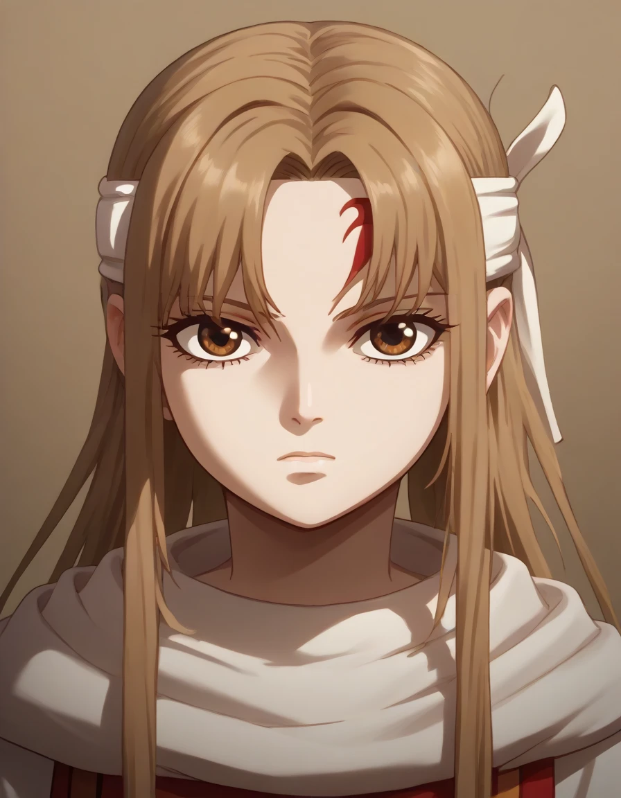 (((((((emotionless))))))) (((((((expressionless))))))) brown eyes very accurate clothing sharp gaze score_9, score_8_up, score_7_up, ((cowl)) headband on forehead detailed clothing beautiful girl kyoukai anime style ((asuna yuuki))