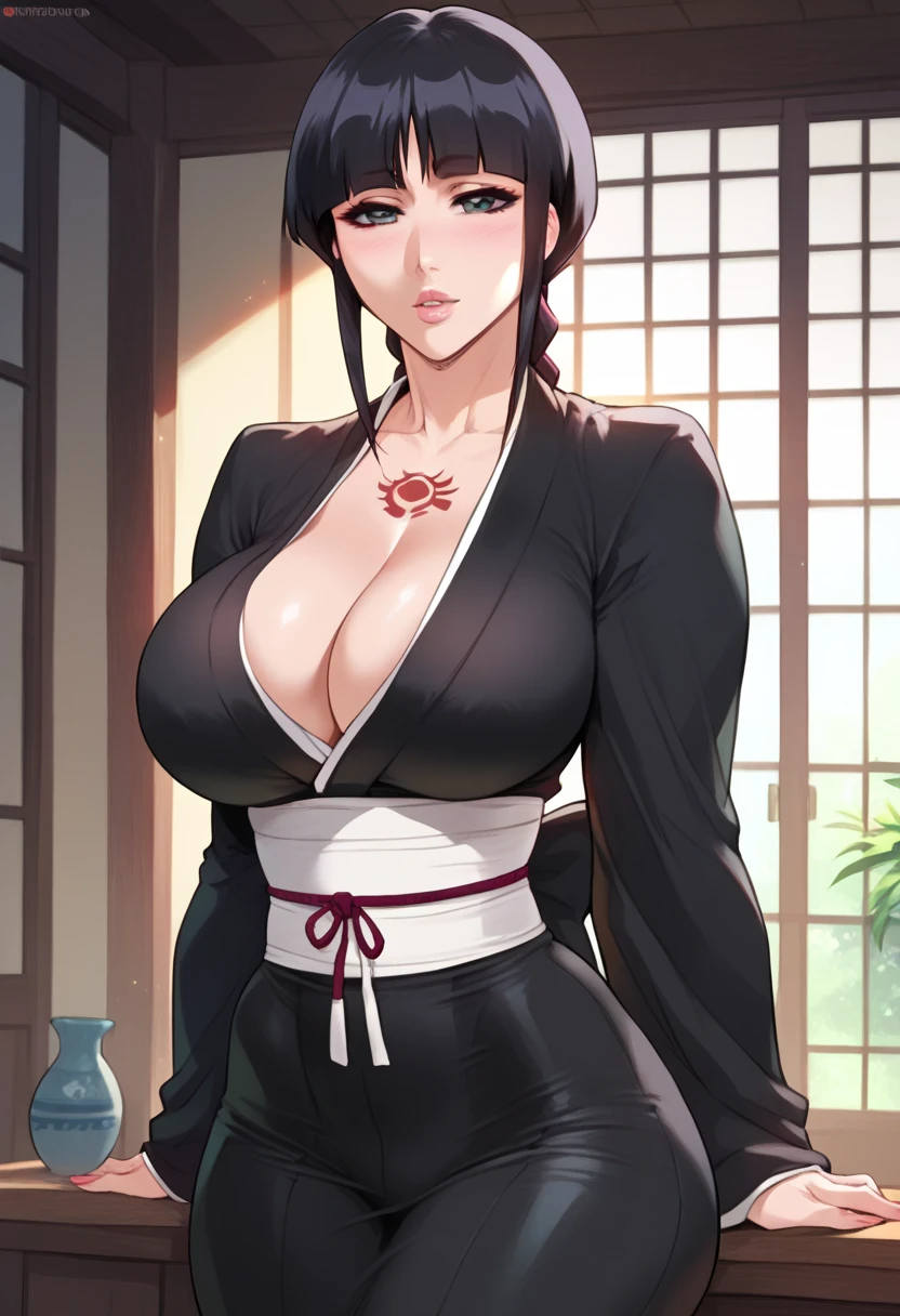 Hyper realistic, 4k, best quality, Highly detailed, Nemu Kurotsuchi from bleach, black hair, Milf, mature female, mother, tattoos, sexy lips, perfectly drawn face, perfectly detailed face, big breasts, cleavage, clothed, wearing tight kimono, black kimono, big waist, thicc, sexy lips 