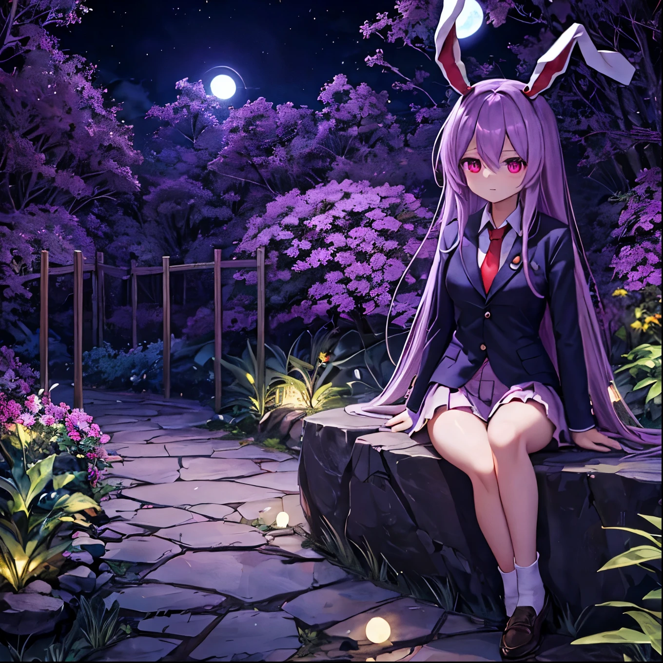 Reisen sitting on a rock, surrounded by Eientei's garden bathed in moonlight. Her enigmatic look and wind-blown hair create a mysterious atmosphere.