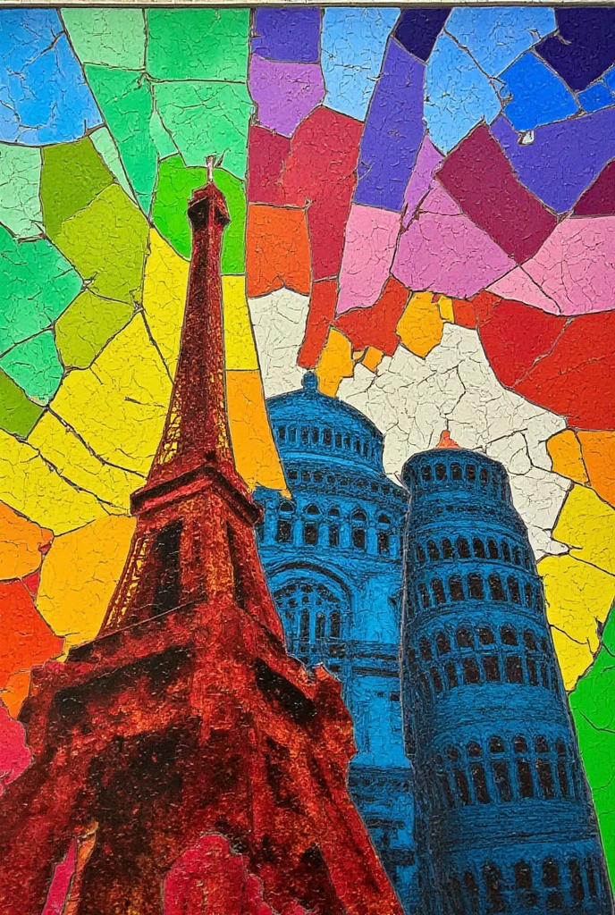 Arc de Triomphe, Eiffel Tower, Leaning Tower of Pisa, glorious painterly patchwork art piece made from colorful broken glass shards, effective effects, bold and dynamic, contrasts of light and shadow, 2.5D, artistic photography, hyper realistic, ultra detailed, absolutely resolution, masterpiece