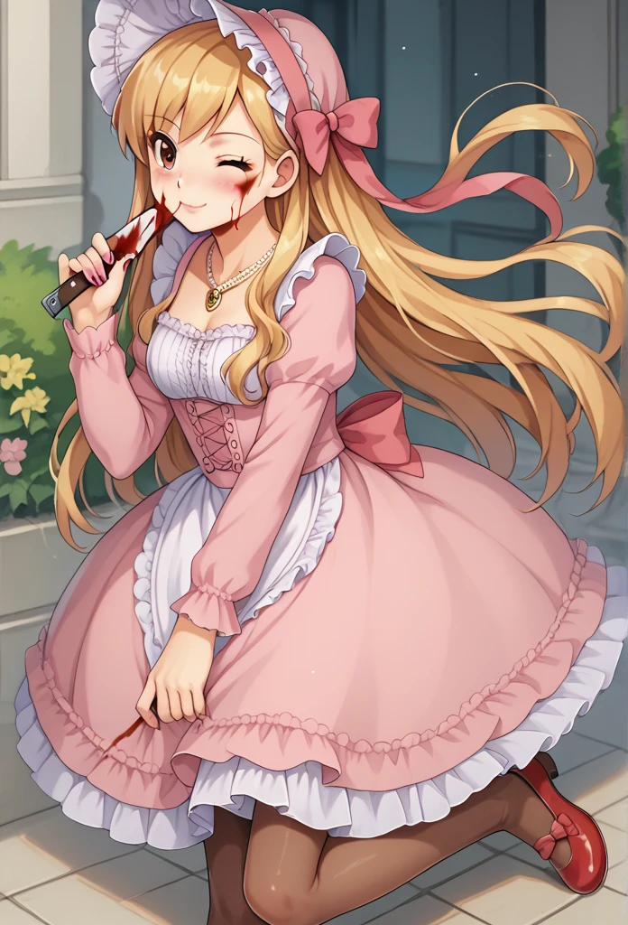 1girl, solo, masterpiece, best quality, (anime art style:1.0), score_9, score_8_up, score_7_up, source_, blushing, super long hair xl, long blonde hair, brown eyes, pink dress,jewelry,necklace,bonnet,long sleeves,bow,lace trim,lace,frills,pantyhose, detailed dress, straight face pink strap Mary Jane shoes with bows on them, winking, painted pink fingernails, holding a bloody knife in her hand, blood on her cheek