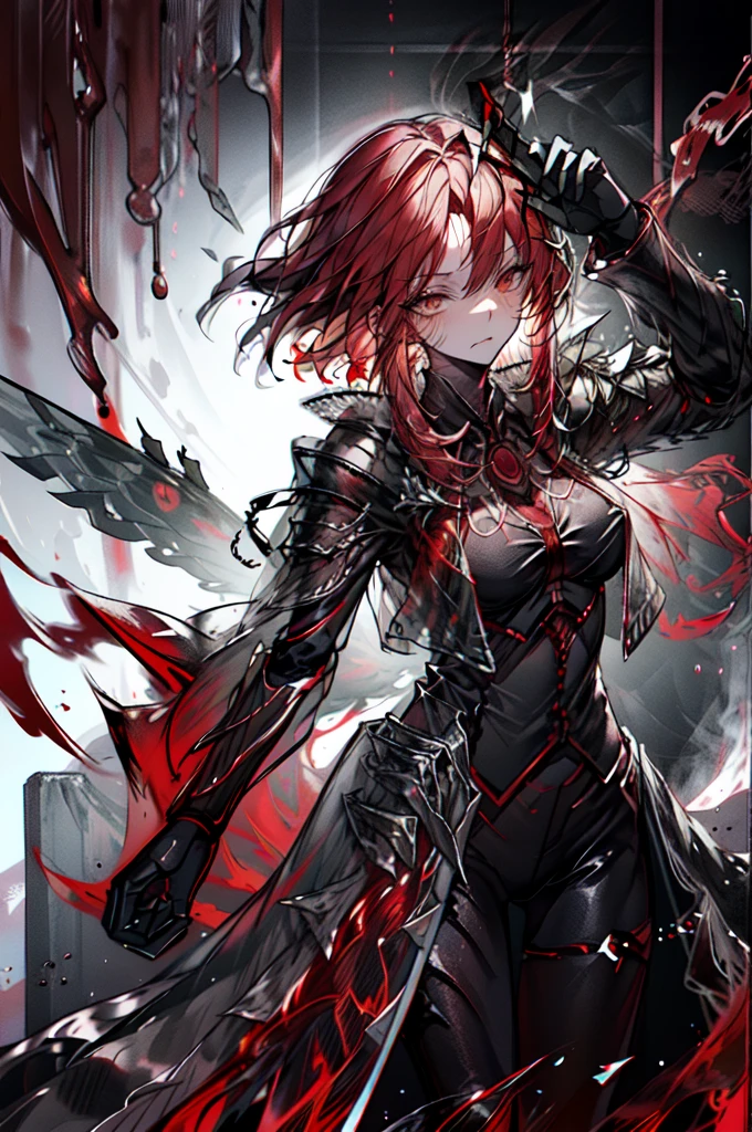  score_9,  score_8_up,  score_7_up,  score_6_up,  score_5_up,  score_4_up, ，  best details, masterpiece,  dynamic， top quality,   black armor,The red glowing texture  ,  clock,  dynamic，Red Cape，Black and white gradient background，shadow，A delicate touch，Grace，Noble，Sublime，Mist of Blood, Alone,   torn clothes,  holds something imitating a sword,   best details, masterpiece,  top quality,    black armor, has a red glowing texture   , Red Cape, Alone, dynamic，    torn clothes,(   that imitates a sword:1.1), dynamic，woman，Red Mist,   High Contrast，  bright ，