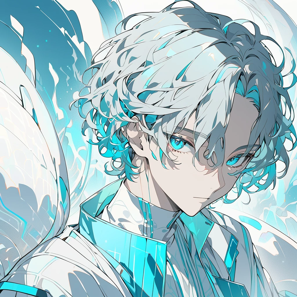  A male character with medium hair of a vibrant shade of cyan , slightly messy, but with a natural style .  Your eyes have the same cyan shade ,  shining brightly ,  as if reflecting an internal light .  Your skin is clear and slightly illuminated ,  highlighting the striking and youthful facial features .  He wears futuristic or contemporary clothes with subtle details that complement the cyan palette,  WHITE AND GRAY GRADIENTS.  Art Style :  smooth and detailed lines .