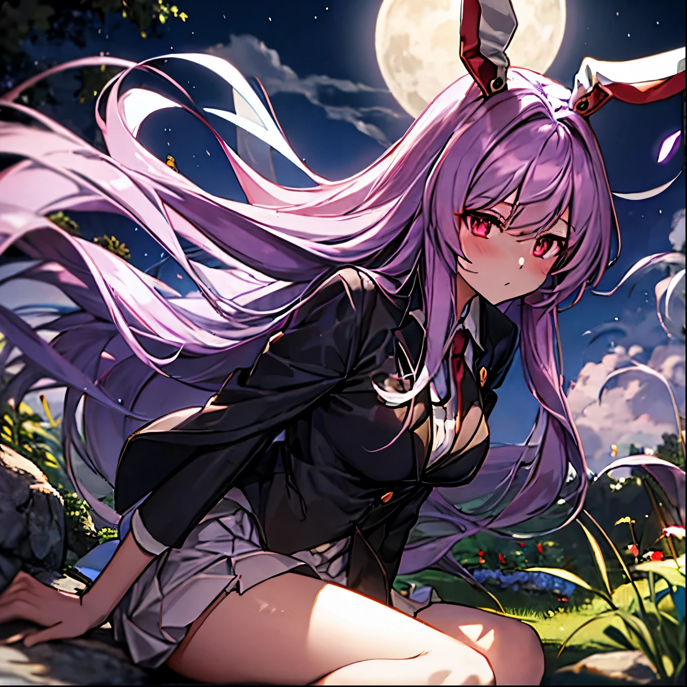 Reisen sitting on a rock, surrounded by Eientei's garden bathed in moonlight. Her enigmatic look and wind-blown hair create a mysterious atmosphere.