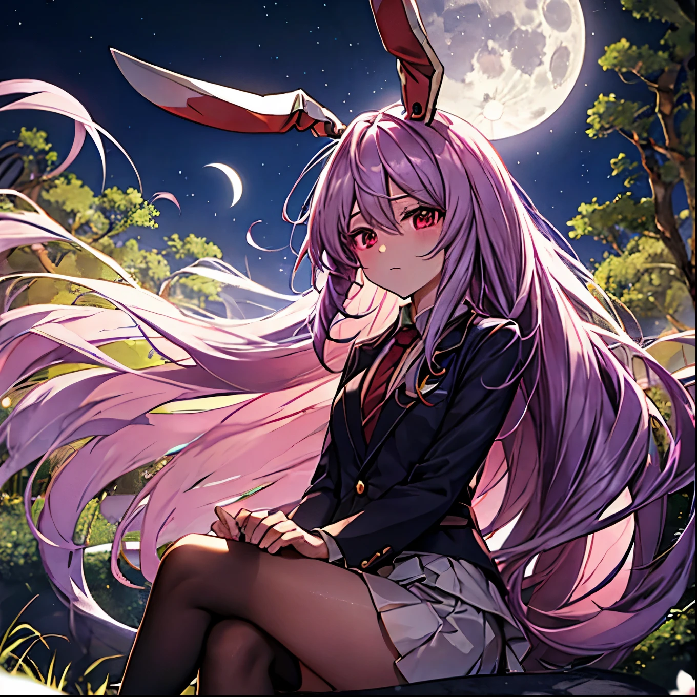 Reisen sitting on a rock, surrounded by Eientei's garden bathed in moonlight. Her enigmatic look and wind-blown hair create a mysterious atmosphere.