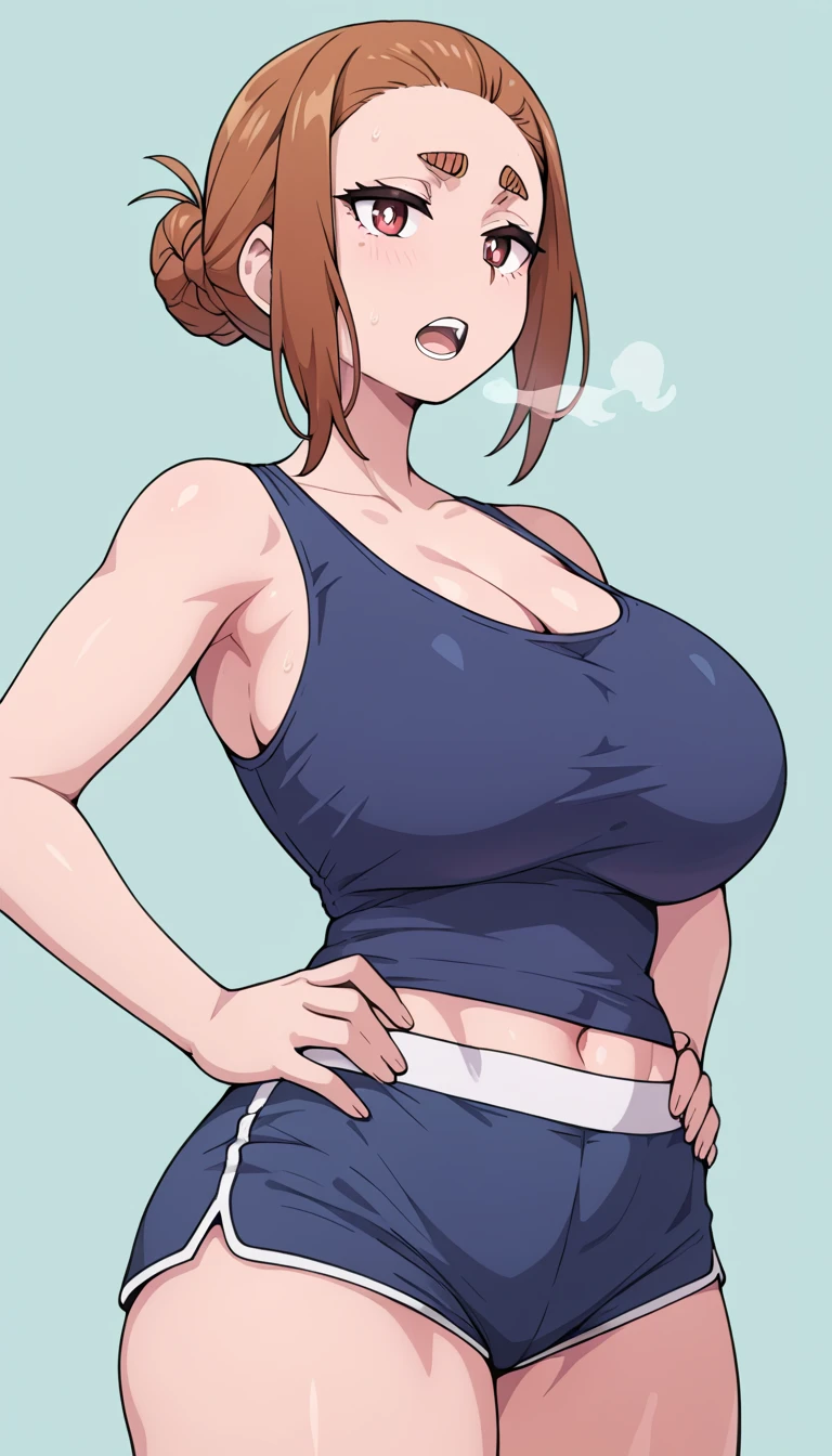 sumireko ogawa, 1girl,single bun,thick eyebrows, curvy body, curves, big breasts DDD+, hands on hips, red face, tired expression, dark blue sports tank top, dark blue shorts, tight shorts, open mouth, out of breath, steam coming out her mouth, half body shot