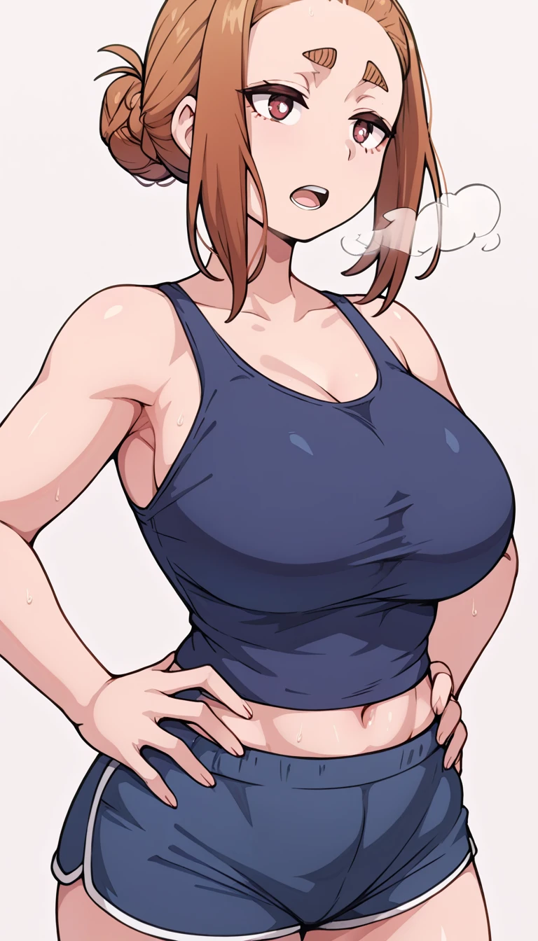 sumireko ogawa, 1girl,single bun,thick eyebrows, curvy body, curves, big breasts DDD+, hands on hips, red face, tired expression, dark blue sports tank top, dark blue shorts, tight shorts, open mouth, out of breath, steam coming out her mouth, half body shot