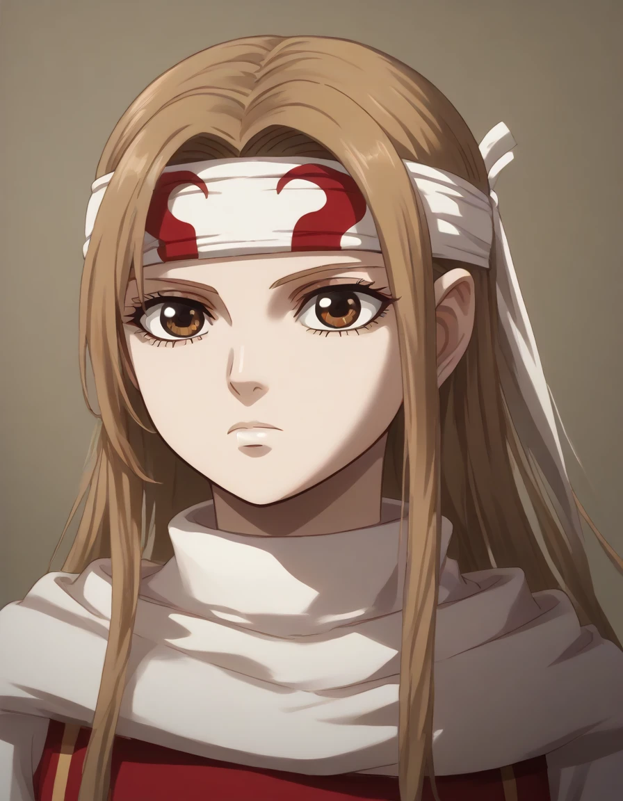 (((((((emotionless))))))) (((((((expressionless))))))) brown eyes very accurate clothing sharp gaze score_9, score_8_up, score_7_up, ((cowl)) headband on forehead detailed clothing beautiful girl kyoukai anime style ((asuna yuuki))