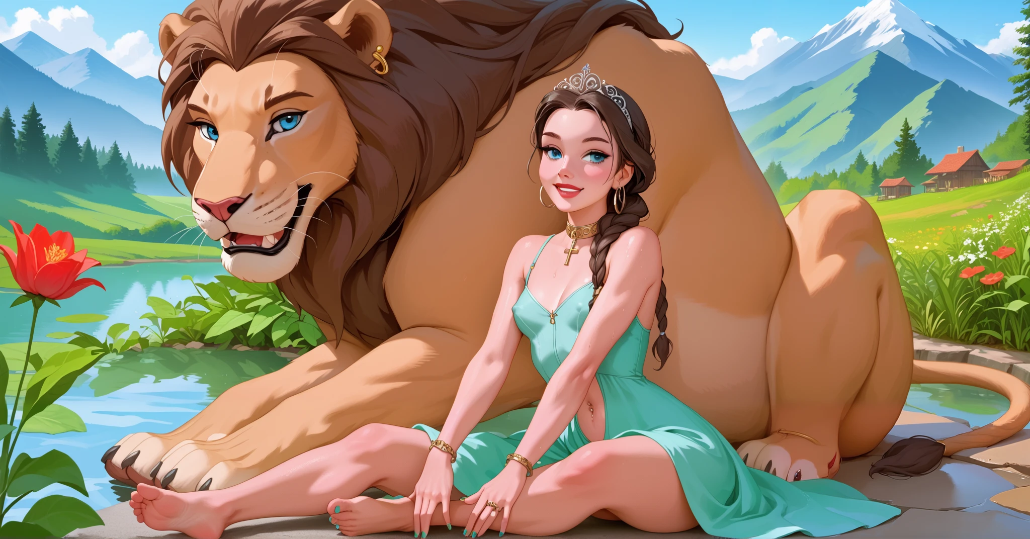 Woman riding a lion, Giant lion , green transparent dress, wet body, braless, visible nipples,  well lit ,  depth of field, whole body, collar with silver crucifix, hoop earring, silver rings ,  Silver Bracelet,  silver navel piercing , silver tiara, chain feet,  long straight hair ,  Dark Brown Hair, huge braided hair, Braid to the floor, highly detailed,  high contrast ,  best quality ,  masterpiece ,  high definition , strong black eyeliner, green nails, red lips,  Blue Eyes,  small breasts,  perfect face,  perfect hands, perfect feet,  perfect eyes, perfect nose, mountain, Lake, garden, over the water, flores,  bare feet , open smile, 
