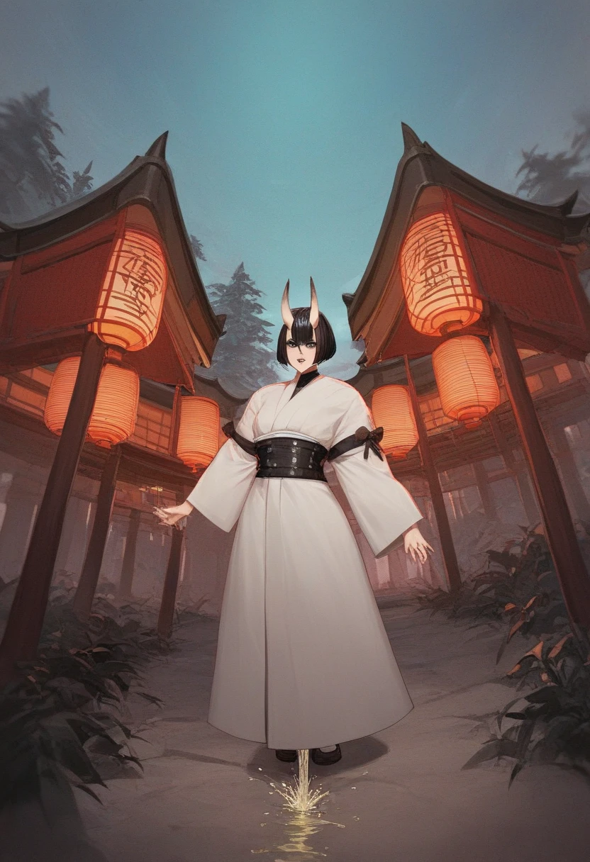 16k, massive Details, (())), Girl with two Oni horns in fair white like human skin , kurze schwarze Haare , Sharp Bob cut, night Rose ,completely black eyes, 5 Finger pro Hand , white kimono, (perfekter Körper) , peeing in dark forest with Japanese lights , background an Japanese temple