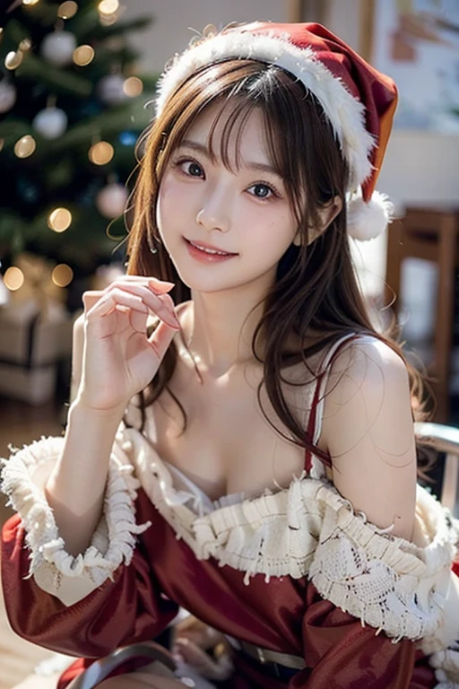  A Japanese model in a bright red Santa cosplay is posing for a photo shoot、bright red Santa Claus cosplay 、Santa Dress,  looking at camera、Detailed and beautiful eyes、 cute smile、 soft and gentle expression 