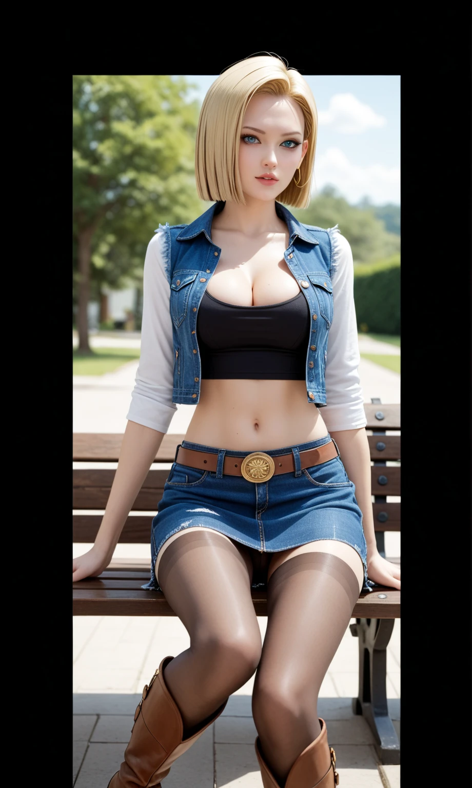 Android 18, Blonde hair, Blue eyes, eye lashes, hoop earings, Short hair, Earrings Bring, black sock, Black Shirt, 胸pockets, cleavage, 鎖骨, denim, denim skirt, high waist skirt, Jewelry, Long sleeves, pockets, Shirt, Shirt tucked in, Skirt, Streaked, striped sleeves, waistcoat,Strong aphrodisiac administered and in estrus state,Aching uterus,Wet female genitalia,An irresistible pleasure,intoxicated with pleasure,