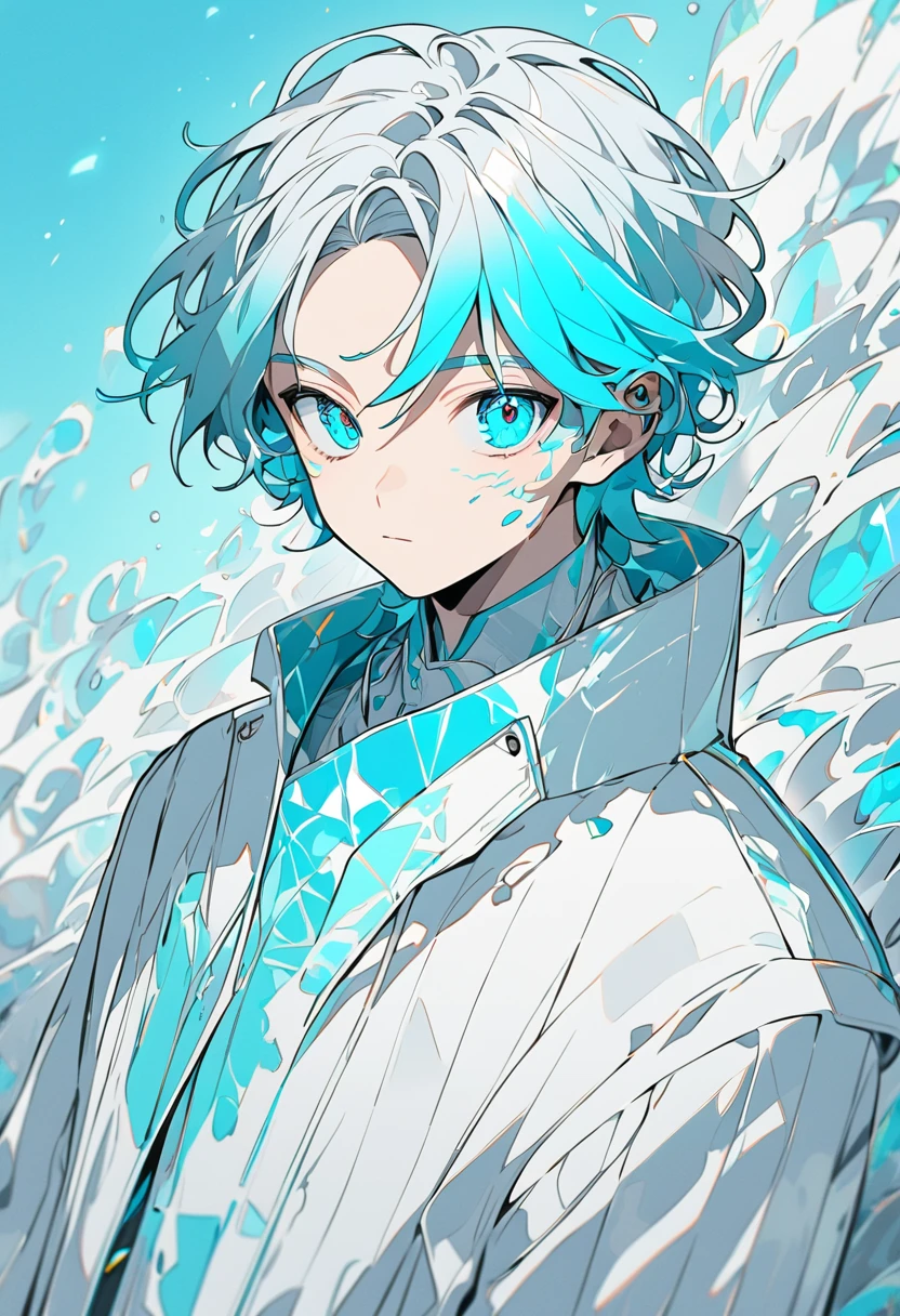  A male character with medium hair of a vibrant shade of cyan , slightly messy, but with a natural style .  Your eyes have the same cyan shade ,  shining brightly ,  as if reflecting an internal light .  Your skin is clear and slightly illuminated ,  highlighting the striking and youthful facial features .  He wears futuristic or contemporary clothes with subtle details that complement the cyan palette,  WHITE AND GRAY GRADIENTS.  Art Style :  smooth and detailed lines .