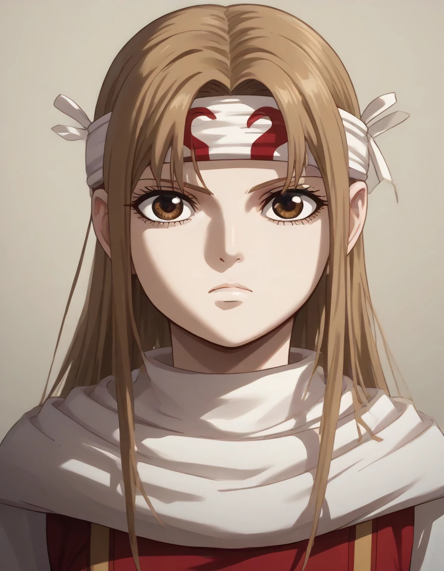 (((((((emotionless))))))) (((((((expressionless))))))) brown eyes very accurate clothing sharp gaze score_9, score_8_up, score_7_up, ((cowl)) headband on forehead detailed clothing beautiful girl kyoukai anime style ((asuna yuuki))