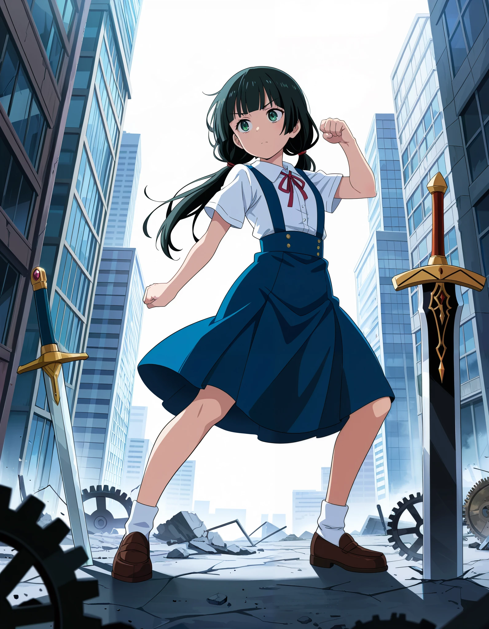 masterpiece, best quality, high quality, highres, absurdres, insanely detailed, amazing quality, very aesthetic, newest, Anime screencap, zPDXL3, sfw
1girl, black hair, bangs, Straight bangs, blunt bangs, hime cut, long hair, straight hair, low twintails, long pigtails, hair tie,
dress, blue dress, white blouse, neck ribbon, bule ribbon, suspenders, suspender skirt, white socks, shoes, Loafer
ubw, gears, weapon, planted, sword, planted sword, holding sword,
city, building, high-rise buildings, depth of field,
ruined city, devastated land, blighted, denuded, dilapidated, ruinous, run-down, shattered, squalid, waste,
fighting pose, dynamic pose, dynamic angle,
