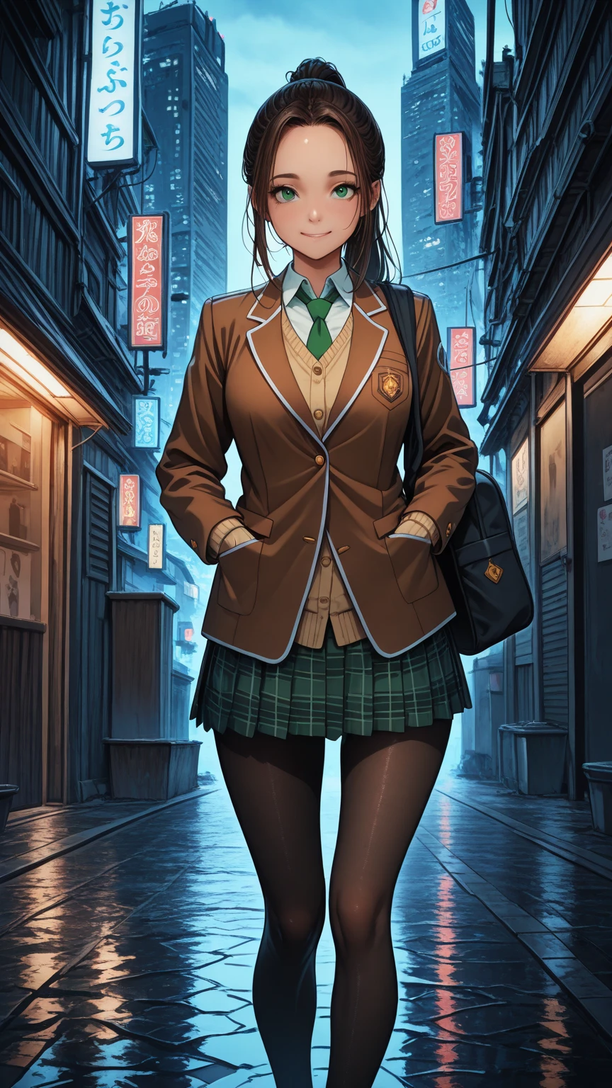 nsfw, masterpiece, best quality,amazing quality, semi-realistic detailed CG, ultra-detailed,Sharp Focus, high contrast, 1girl, detailed green eyes, slightly smile, detailed semi-long hair, dark brown silky hair,  forehead, sliced back hair, side ponytail, contrapposto, Captivating thighs, uniform, brown blazers, (hads in pocket, unbutton), Green tie, Plaid Pleated Skirt, black tights, rainy cyber city, at night