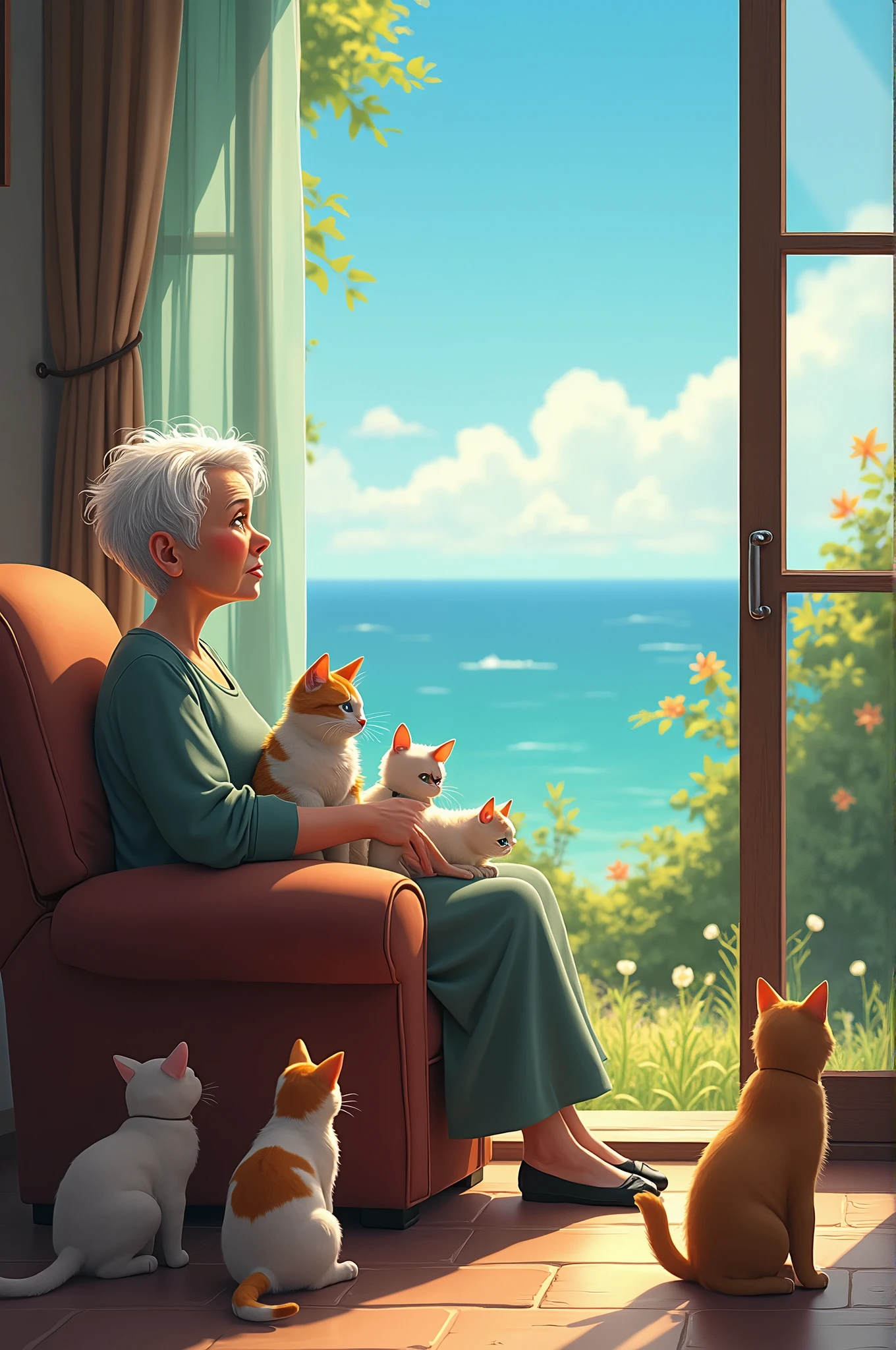 There is a woman sitting in a chair with cats on the floor - SeaArt AI