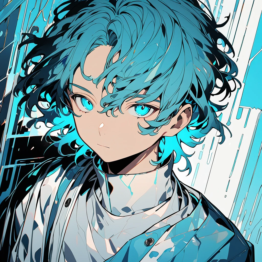  A male character with medium hair of a vibrant shade of cyan , slightly messy, but with a natural style .  Your eyes have the same cyan shade ,  shining brightly ,  as if reflecting an internal light .  Your skin is clear and slightly illuminated ,  highlighting the striking and youthful facial features . He wears futuristic or contemporary clothing with subtle details..  Art Style :  smooth and detailed lines .