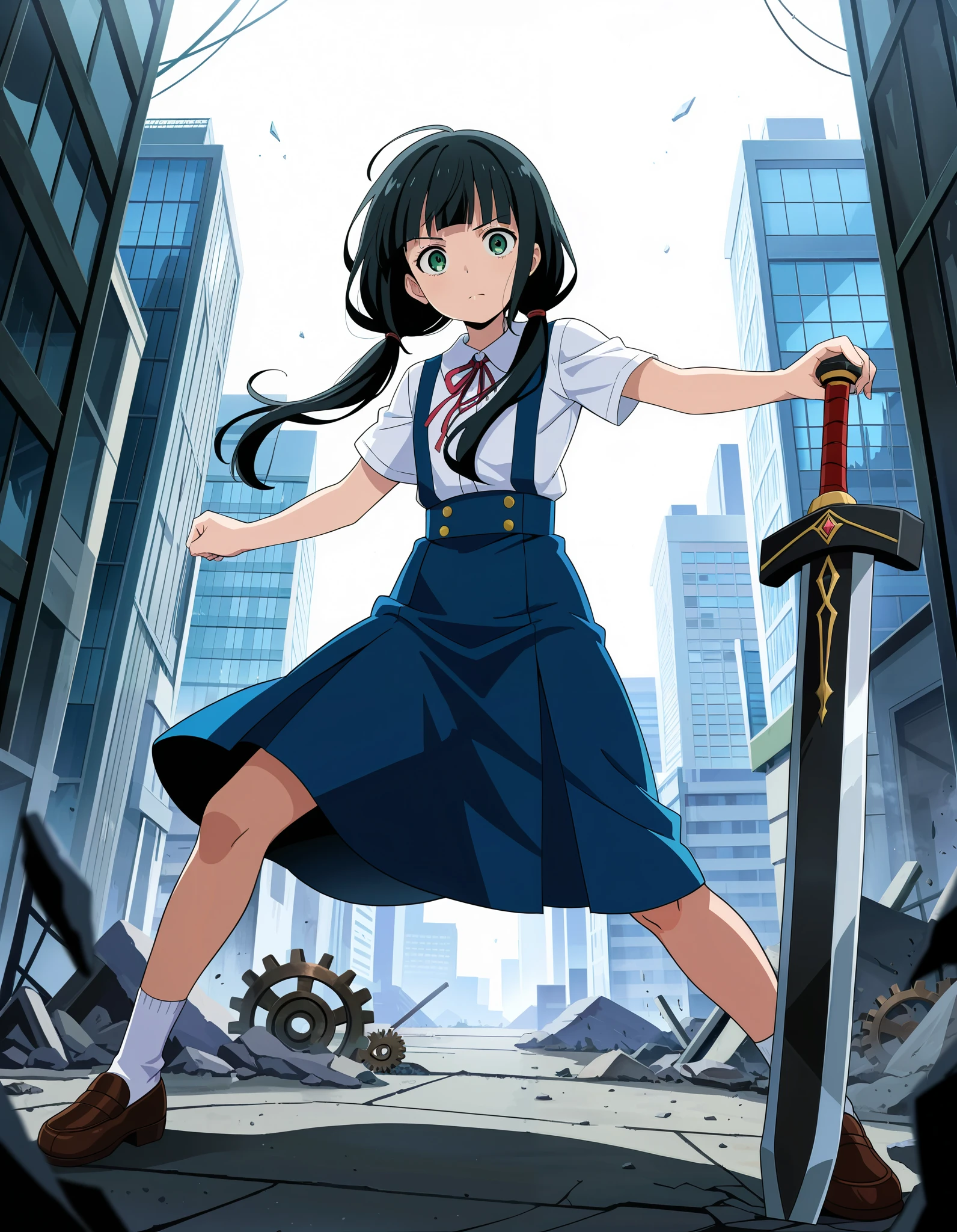 masterpiece, best quality, high quality, highres, absurdres, insanely detailed, amazing quality, very aesthetic, newest, Anime screencap, zPDXL3, sfw
1girl, black hair, bangs, Straight bangs, blunt bangs, hime cut, long hair, straight hair, low twintails, long pigtails, hair tie,
dress, blue dress, white blouse, neck ribbon, bule ribbon, suspenders, suspender skirt, white socks, shoes, Loafer
ubw, gears, weapon, planted, sword, planted sword, holding sword,
city, building, high-rise buildings, depth of field,
ruined city, devastated land, blighted, denuded, dilapidated, ruinous, run-down, shattered, squalid, waste,
fighting pose, dynamic pose, dynamic angle,