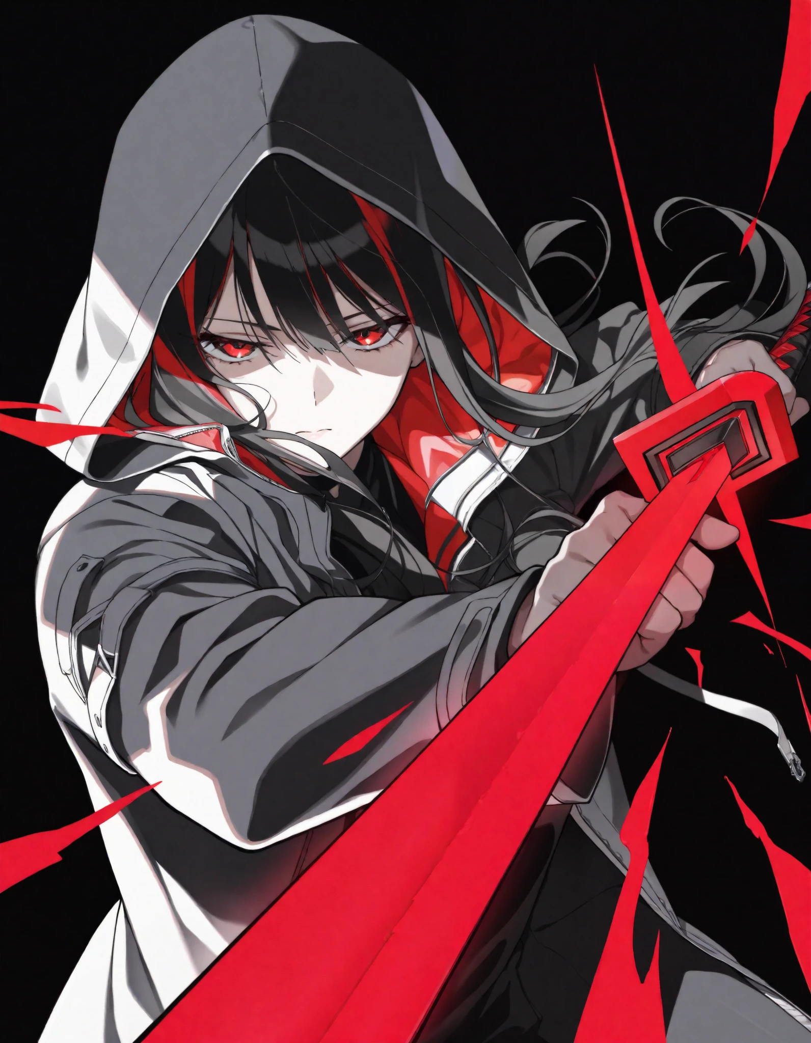 (masterpiece,best quality,highres,absurdres,amazing quality,very aesthetic:1.2),, yoneyama mai, lineart, monochrome, (red sword), (fighting stance), (disheveled hair:1.1), (dark theme), chiaroscuro, foreshortening, (colorful splashes:1.1), (shining:1.1), (focus on face:1.1), Glowing skin, Strong contrast, long sleeves, simple background, red eyes, weapon, hood, black background, sword, hooded jacket, meme, jacket, hood up, red long hair, glowing, half-closed eyes, looking at viewer