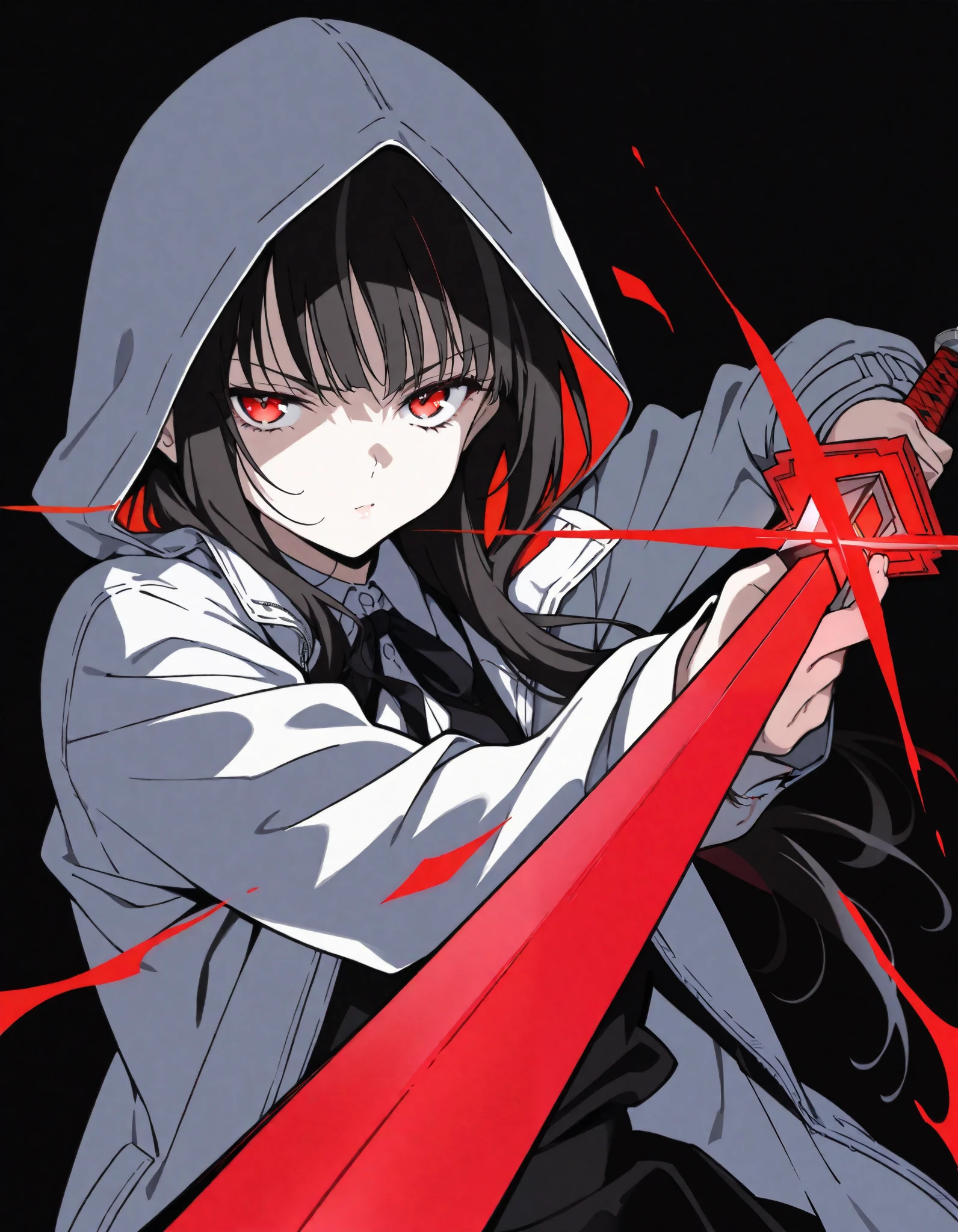 (masterpiece,best quality,highres,absurdres,amazing quality,very aesthetic:1.2),, yoneyama mai, lineart, monochrome, (red sword), (fighting stance), (disheveled hair:1.1), (dark theme), chiaroscuro, foreshortening, (colorful splashes:1.1), (shining:1.1), (focus on face:1.1), Glowing skin, Strong contrast, long sleeves, simple background, red eyes, weapon, hood, black background, sword, hooded jacket, meme, jacket, hood up, red long hair, glowing, half-closed eyes, looking at viewer