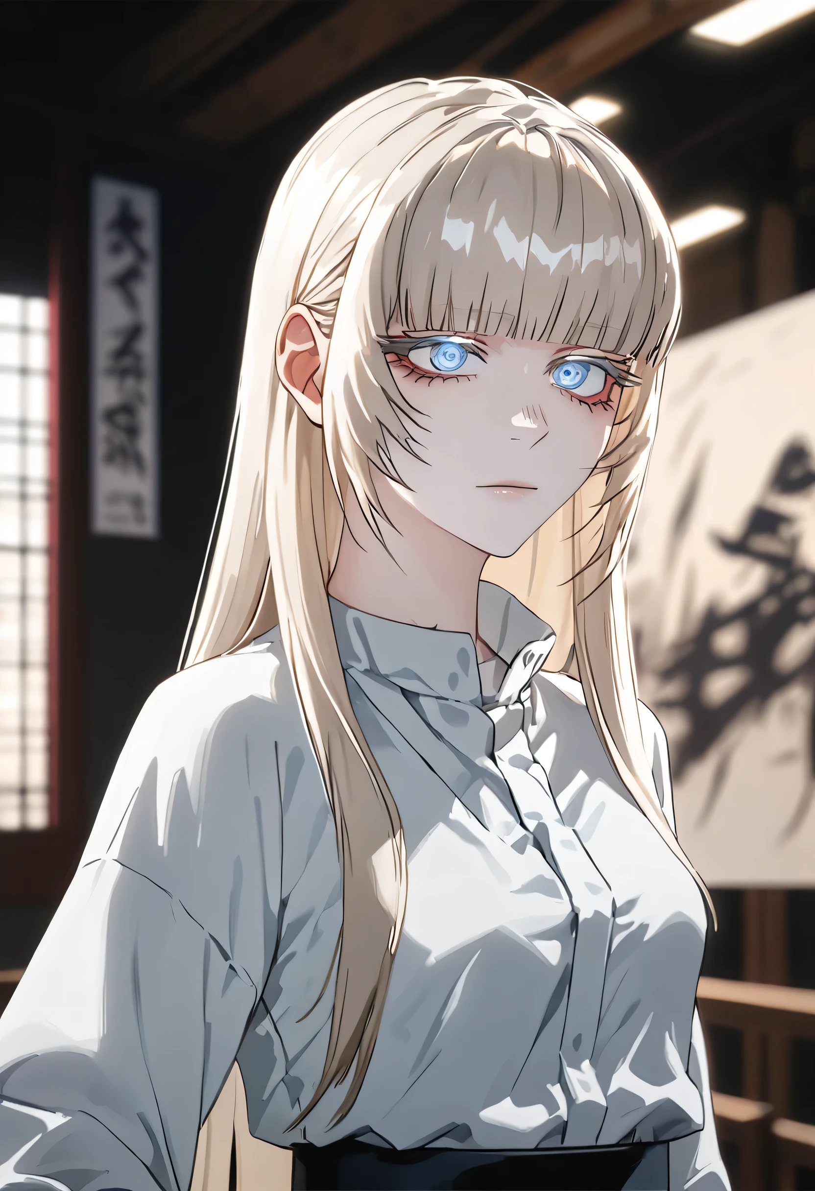 Anime style, 1 girl, 1 sexy girl, white pale skinned girl, porcelain skin, blue eyes, (HAIR: light blonde straight cut, long length, full bangs covering eyebrows, side framing fringe, extra long hair ) (BODY: flat chested, skinny, short )(best quality, 4k, 8k, highres, masterpiece:1.2), ultra-detailed, HDR, UHD, studio lighting, detailed eyes, ultra-fine painting, sharp focus, physically-based rendering, extreme detail description, professional, vivid colors, in a dojo, holding a katana, score_9, score_8_up, score_9_up, source_anime