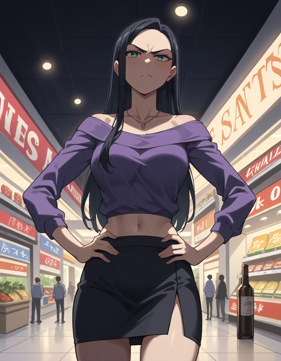 score_9,score_8_up,score_7_up,score_6_up, source_anime, girl, dynamic pose, standing with hands on hips, long hair, black hair, teal eyes, necklace, purple top, long sleeves, black skirt, short skirt, shopping mall, dark room, darkness, night, night time, lights off, dim lighting, annoyed, drunk, solo,exposed belly, exposed navel, (nsfw) not safe for work