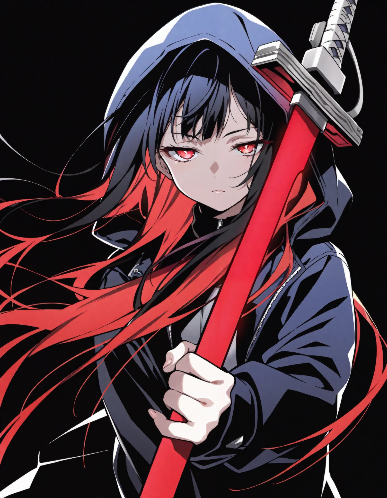 (masterpiece,best quality,highres,absurdres,amazing quality,very aesthetic:1.2),, yoneyama mai, lineart, monochrome, (red sword), (fighting stance), (disheveled hair:1.1), (dark theme), chiaroscuro, foreshortening, (colorful splashes:1.1), (shining:1.1), (focus on face:1.1), Glowing skin, Strong contrast, long sleeves, simple background, red eyes, weapon, hood, black background, sword, hooded jacket, meme, jacket, hood up, red long hair, glowing, half-closed eyes, looking at viewer