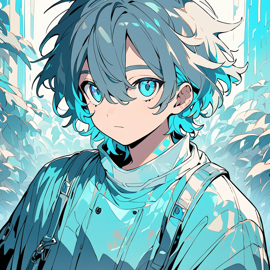  A male character with medium hair of a vibrant shade of cyan , slightly messy, but with a natural style .  Your eyes have the same cyan shade ,  shining brightly ,  as if reflecting an internal light .  Your skin is clear and slightly illuminated ,  highlighting the striking and youthful facial features . He wears futuristic or contemporary outfits with subtle details with the gray and cyan palette.  Art Style :  smooth and detailed lines .