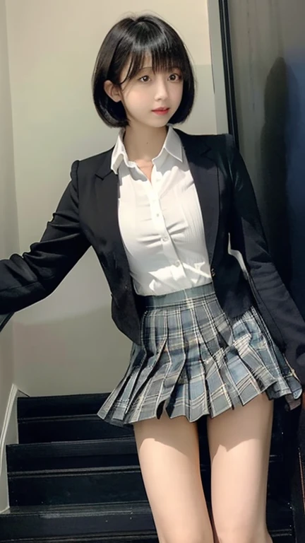 女子 College Student 、 College Student 、 high school uniform 、woman、、 slender、slender、 small breasts、A well-groomed face 、、(cute、 beauty)、( bob cut、Black Hair:1.3), blazer、 short skirt、Knee-length skirt、( blue, black, and dark green plaid pleated skirt with slight visibility of panties:1.65)、( white shirt、 Black Jacket 、 ties:1.1)、( Beautiful Legs 、Beautiful thighs、Plump thighs)、( anatomically correct body structure:1.2)、Shirt tucked in、 erotic、( Black Jacket :1.3)、(Running up the stairs、Climbing the stairs:1.4)、( length skirt that bundles hair into 2 strands, Long Skirt:1.4)、( can't see panties、Hide your panties)