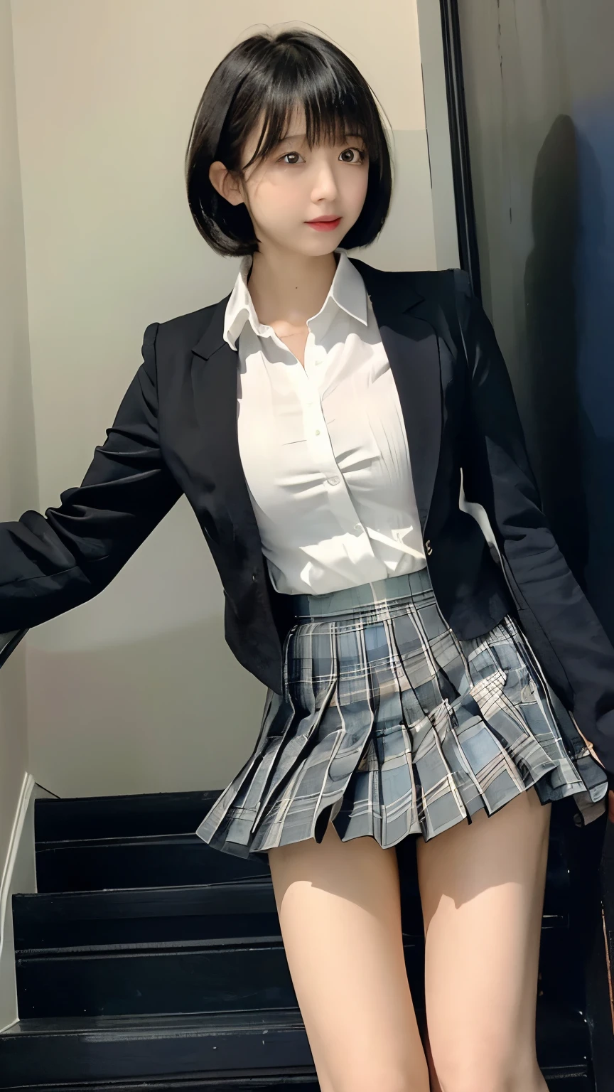 女子 College Student 、 College Student 、 high school uniform 、woman、、 slender、slender、 small breasts、A well-groomed face 、、(cute、 beauty)、( bob cut、Black Hair:1.3), blazer、 short skirt、Knee-length skirt、( blue, black, and dark green plaid pleated skirt with slight visibility of panties:1.65)、( white shirt、 Black Jacket 、 ties:1.1)、( Beautiful Legs 、Beautiful thighs、Plump thighs)、( anatomically correct body structure:1.2)、Shirt tucked in、 erotic、( Black Jacket :1.3)、(Running up the stairs、Climbing the stairs:1.4)、( length skirt that bundles hair into 2 strands, Long Skirt:1.4)、( can't see panties、Hide your panties)