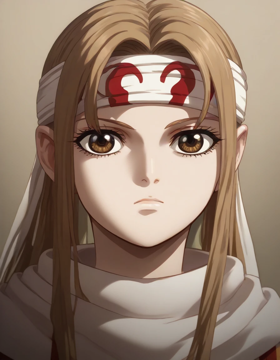 (((((((emotionless))))))) (((((((expressionless))))))) brown eyes very accurate clothing sharp gaze score_9, score_8_up, score_7_up, ((cowl)) headband on forehead detailed clothing beautiful girl kyoukai anime style ((asuna yuuki))