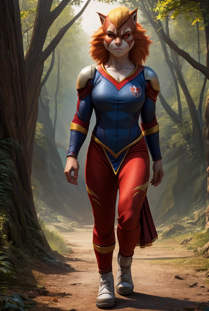 Create an ultra-realistic Thundercats Shitara image of a lonely blonde girl walking on two legs, She has strong red eye makeup , face of ,  ultra realistic hairy anthropomorphic female with Thundercats uniform 