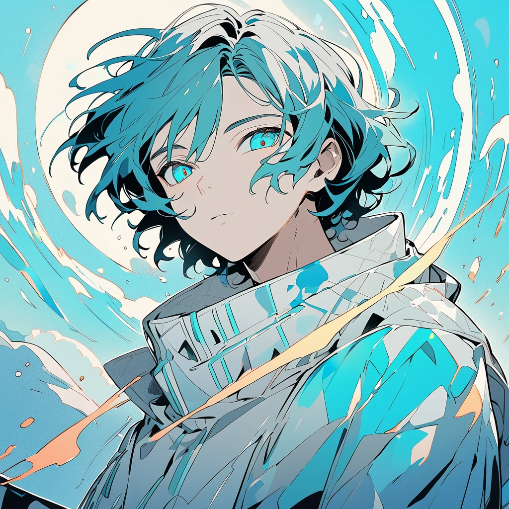  A male character with medium hair of a vibrant shade of cyan , slightly messy, but with a natural style .  Your eyes have the same cyan shade ,  shining brightly ,  as if reflecting an internal light .  Your skin is clear and slightly illuminated ,  highlighting the striking and youthful facial features . He wears futuristic or contemporary outfits with subtle details with the gray and cyan palette.  Art Style :  smooth and detailed lines .