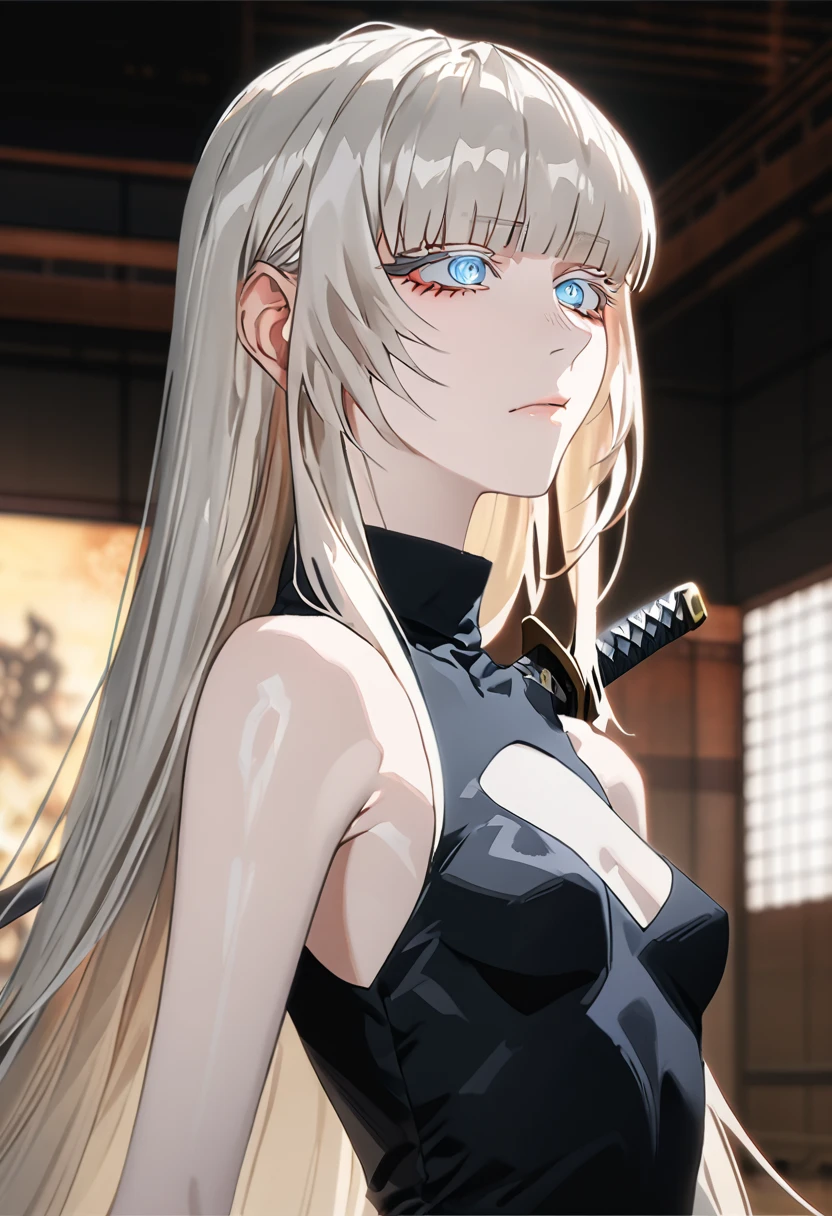 Anime style, 1 girl, 1 sexy girl, white pale skinned girl, porcelain skin, blue eyes, (HAIR: light blonde straight cut, long length, full bangs covering eyebrows, side framing fringe, extra long hair ) (BODY: flat chested, skinny, short )(best quality, 4k, 8k, highres, masterpiece:1.2), ultra-detailed, HDR, UHD, studio lighting, detailed eyes, ultra-fine painting, sharp focus, physically-based rendering, extreme detail description, professional, vivid colors, in a dojo, holding a katana, score_9, score_8_up, score_9_up, source_anime