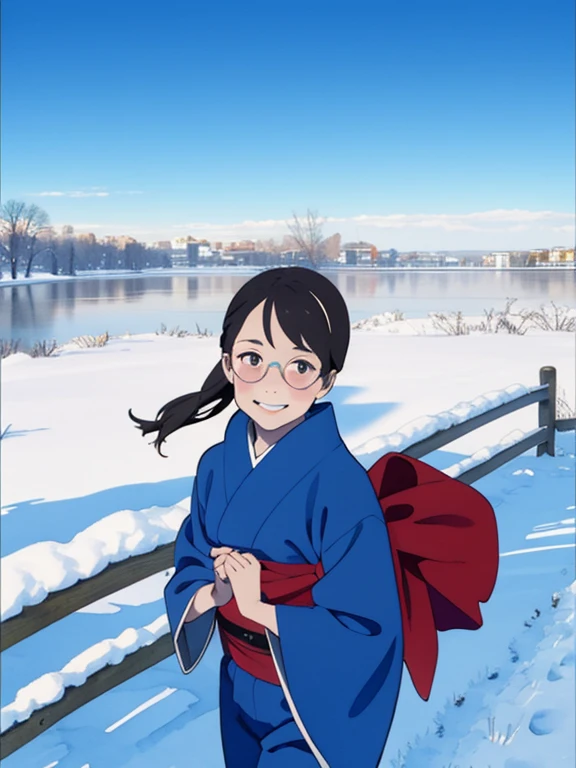 ( super flat， flat shading)， young girl，baby face， very short， toddler figure ， Very Small Flat Chest， my breasts are very flat and bulging ，  very thin limbs，  thin thighs ，Short legs，Beautiful kimono:1.2， warm scarf ， On my way home from the riverside in winter ，Snow Scene，Pee stains:1.2，Glasses，smile， is shy，Winter blue sky，  bright  ，  low angle，  bright  色，watercolor，  Ghibli style， Accurate and Detailed Female Fingers ， Girl Temptation，