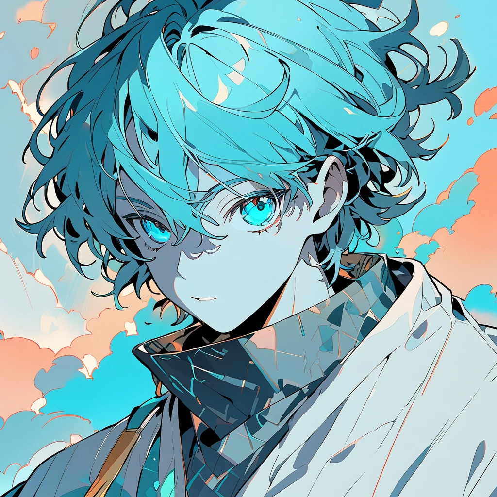  A male character with medium hair of a vibrant shade of cyan , slightly messy, but with a natural style .  Your eyes have the same cyan shade ,  shining brightly ,  as if reflecting an internal light .  Your skin is clear and slightly illuminated ,  highlighting the striking and youthful facial features . He wears futuristic or contemporary outfits with subtle details with the gray and cyan palette.  Art Style :  smooth and detailed lines .