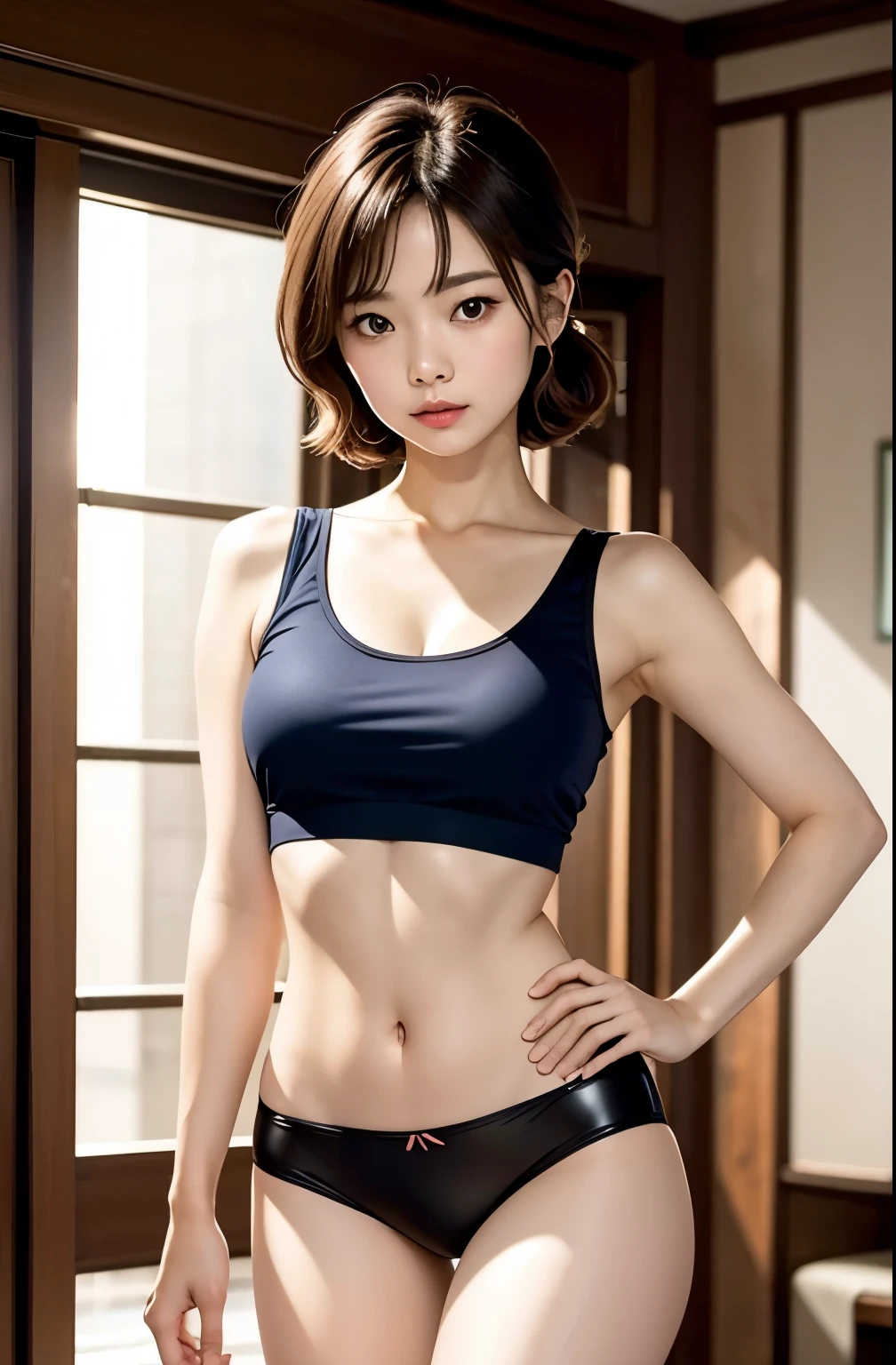 Highest quality、masterpiece、Girl sitting on sofa、21 years old、Genuine、C cup breasts、Blue sports bra、Light Brown Hair、Short Hair、((Highest quality、8K、masterpiece:1.3))、NSFW、Photorealistic Superwoman、masterpiece